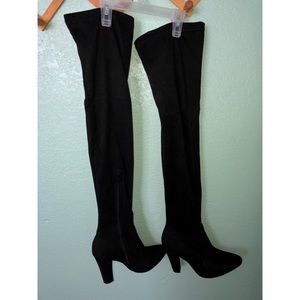 Thigh high faux suede heeled boots black